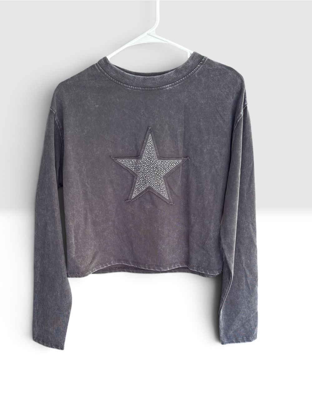 Rhinestone Star Washed Gray Crop Top Long Sleeve Tee Oversized Boho